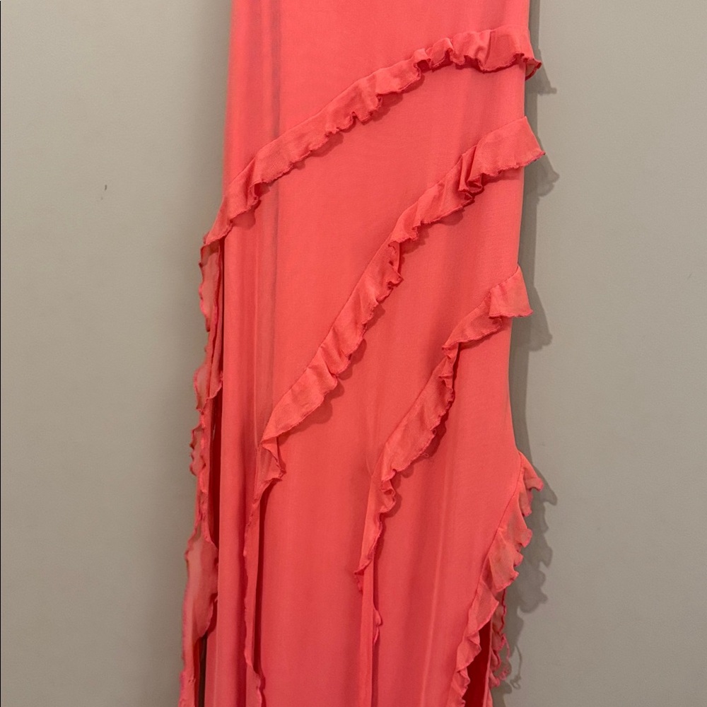 NWT- Princess Polly High Slit Ruffle Dress, Coral, size 8 - Picture 7 of 12